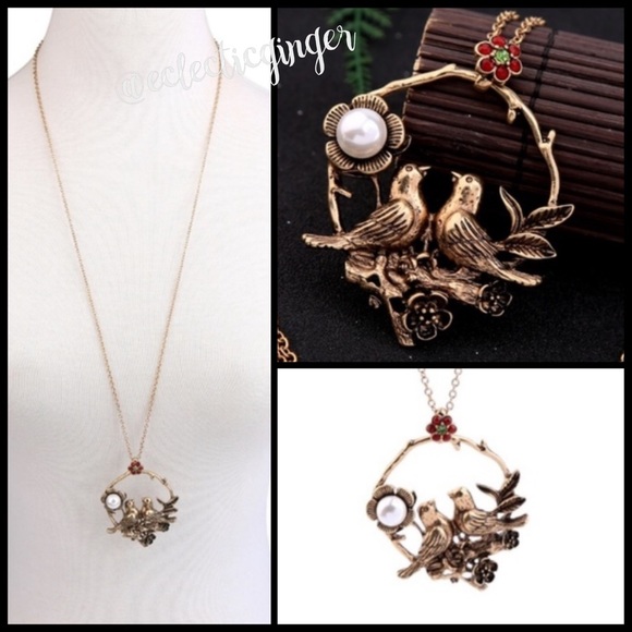 Eclectic Ginger Jewelry - Bronze love birds with pearl 30” necklace